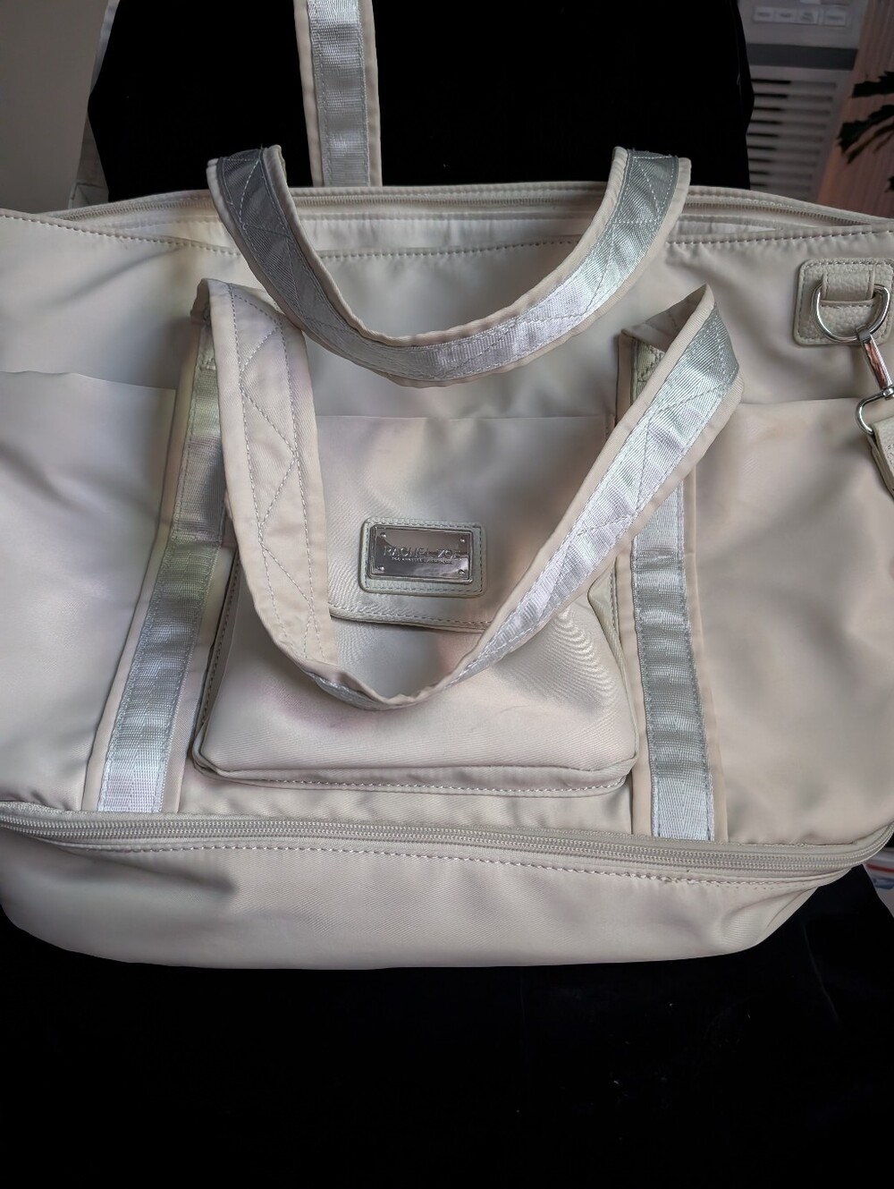 Rachel Zoe Cream Tote with Silver Plaque